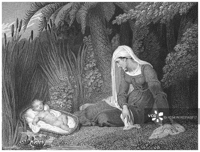 在灯芯草丛中的摩西的古老雕刻插图图片素材