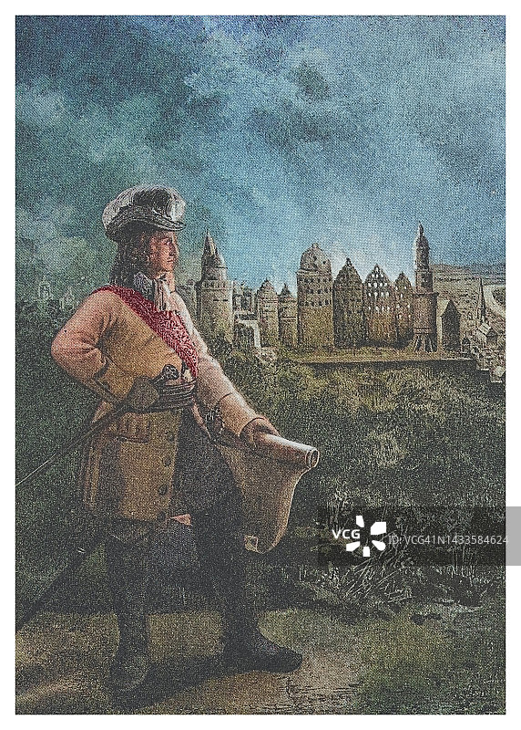 法国军官埃泽谢尔·杜·马斯与燃烧的海登堡图片素材