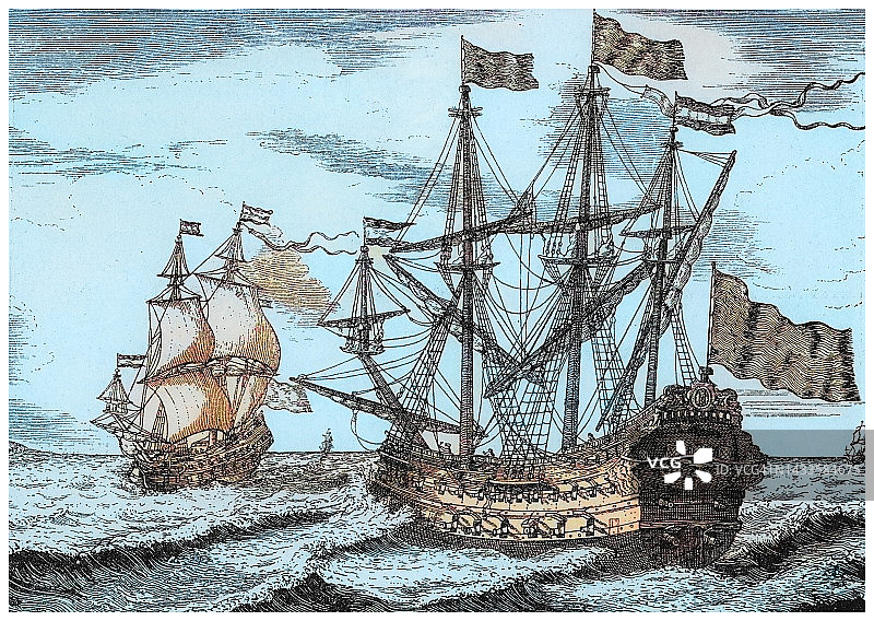17世纪下半叶军舰的古代雕刻插图图片素材