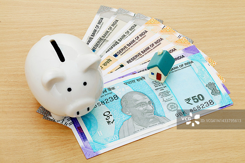 印度货币纸币、小猪存钱罐模型屋图片素材