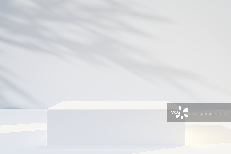 白色背景下的立方体白色讲台和植物阴影，非常适合展示产品的三维插图图片素材