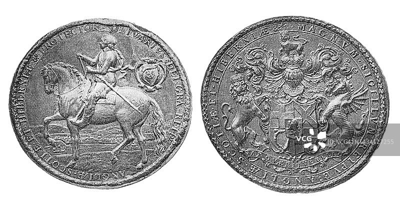 苏格兰国玺：奥利弗·克伦威尔担任英格兰、苏格兰和爱尔兰联邦护国公时期古老版画图片素材