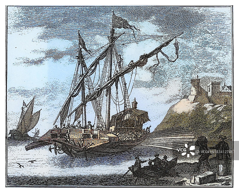 17世纪土耳其单层甲板战船古董雕刻插图图片素材