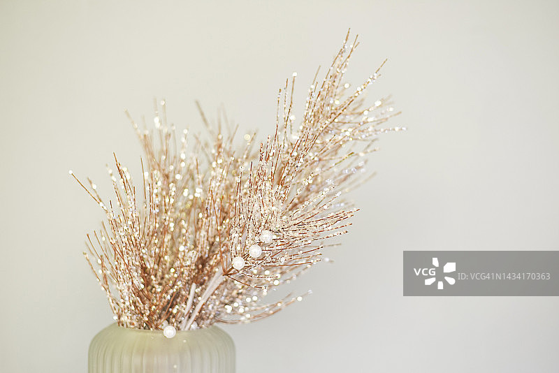 花瓶中的白色装饰树枝，节日背景，新年，圣诞节图片素材