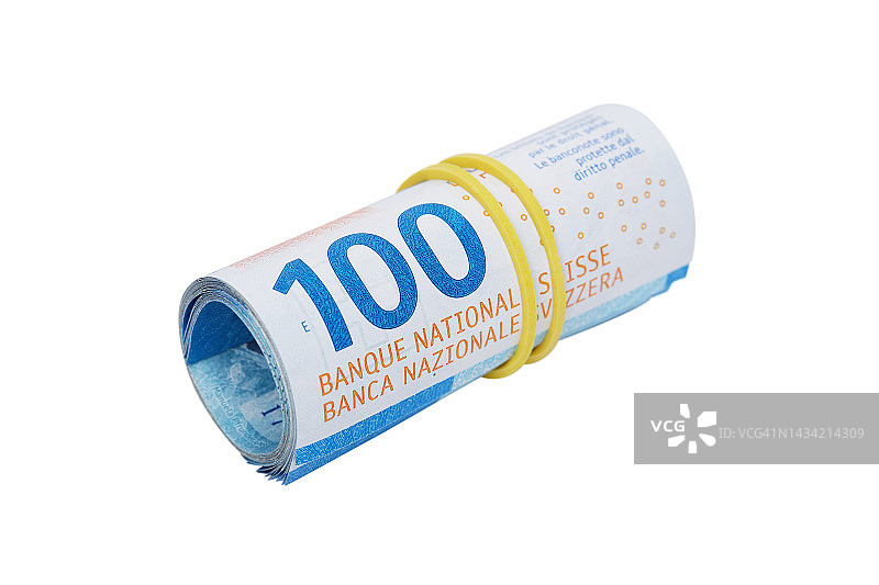 卷成卷的一百瑞士法郎纸币，白色背景图片素材