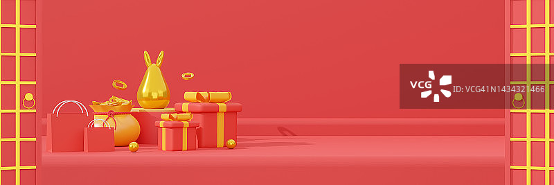 2023年中国新年兔子雕像3D渲染背景（广告素材）图片素材