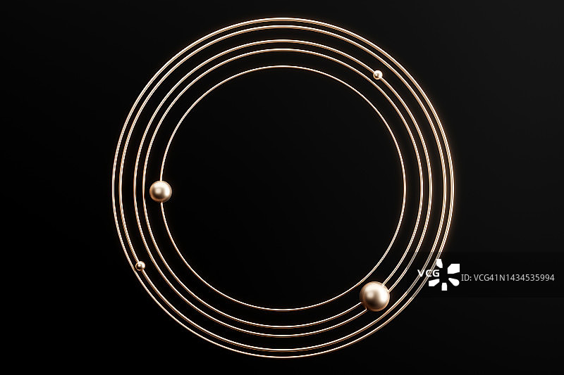 金色球体和圆圈组成的宇宙3D框架图片素材