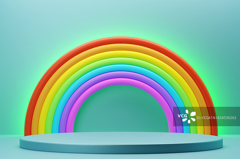 青色背景上的绿色讲台和彩色塑料彩虹与黄色霓虹灯光，自由概念3D设计图片素材