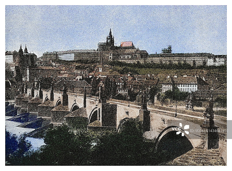 布拉格查理大桥和赫拉德卡尼城堡的古老雕刻插图图片素材