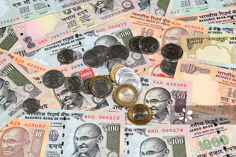 印度货币纸币和硬币图片素材
