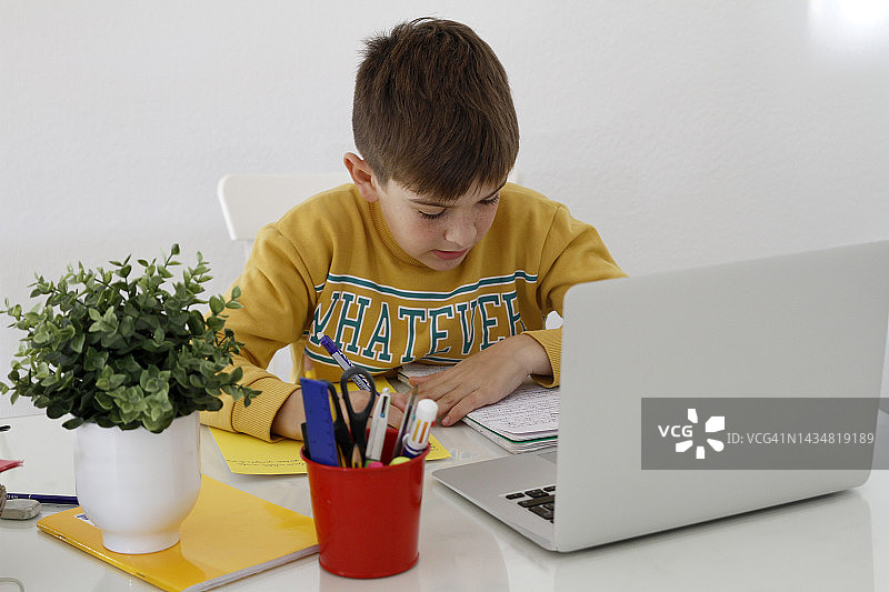 男孩用笔记本电脑做作业图片素材