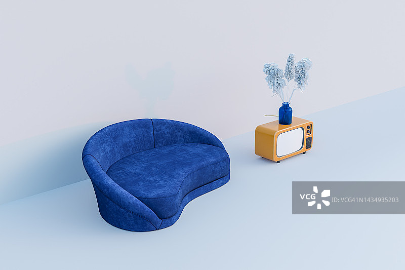 3D渲染蓝色沙发、黄色模拟电视和白色抽象平面，抽象建筑概念图片素材