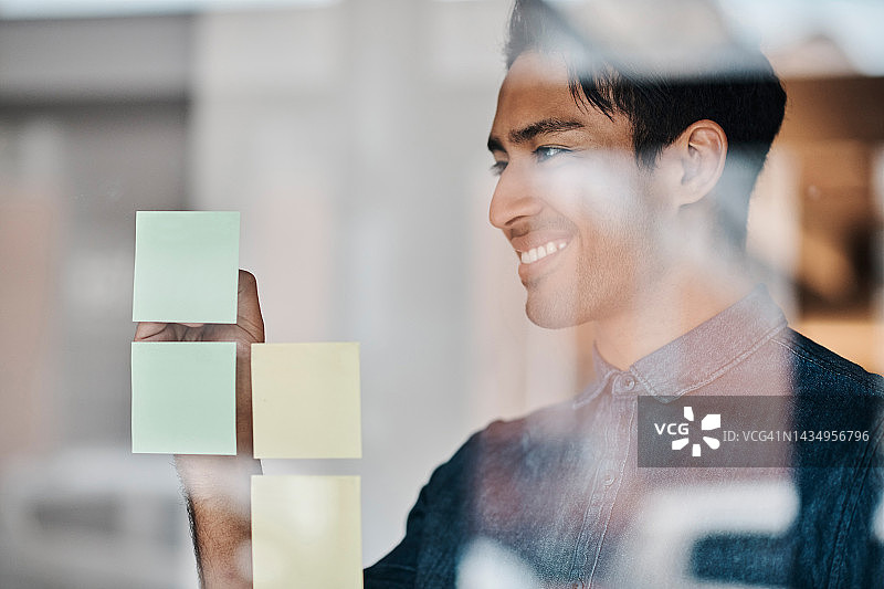 便签、玻璃板和男人，为广告活动规划营销策略。小企业主、企业家或设计师为创业公司的目标而努力图片素材