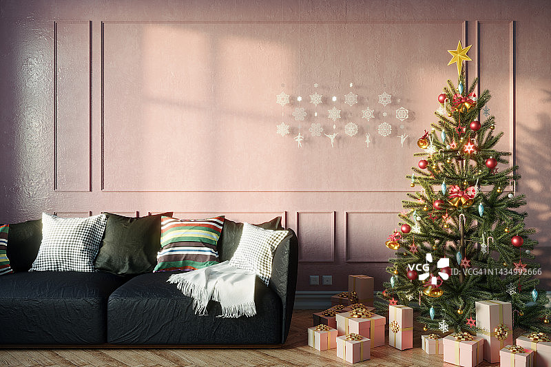 圣诞节客厅，圣诞树和礼品盒图片素材