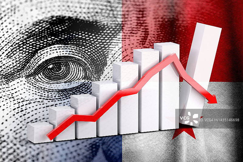 经济图表：向下箭头、美元和巴拿马国旗图片素材