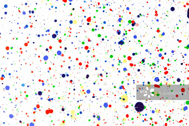 彩色墨水飞溅：明亮材质上的油漆飞溅，彩色圆点，白色纸上的水彩图片素材