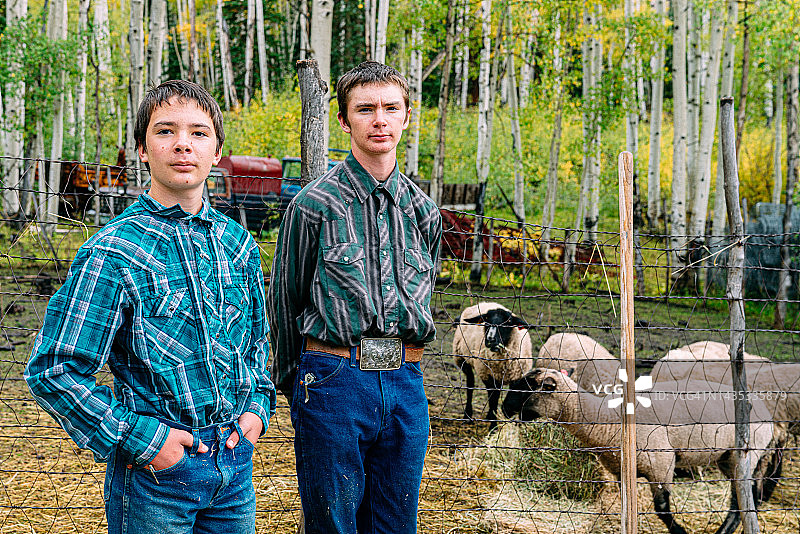 美国科罗拉多州小镇家庭牧场上，两位英俊、坚忍的年轻白人牧场主兄弟和他们的羊站在一起，看着镜头的肖像图片素材