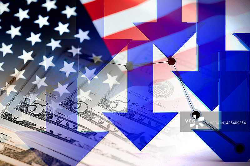 经济图表：蓝色向下箭头、美元和美国国旗图片素材