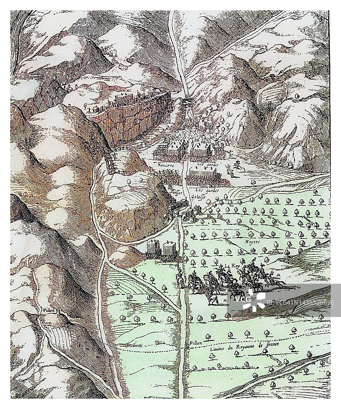 三十年战争期间的战役古旧地图（路易十三和黎塞留领导下的法国军队）图片素材