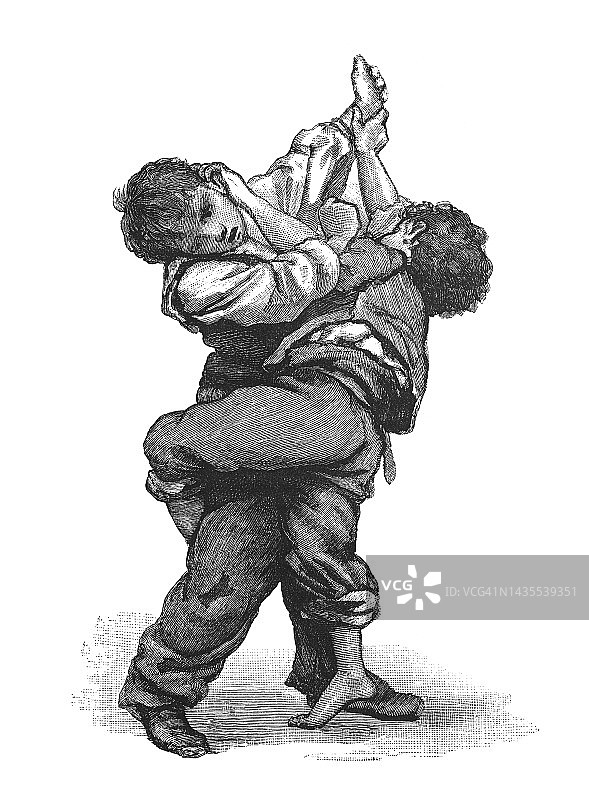儿童趣味：两个男孩准备战斗的古老雕刻插图图片素材