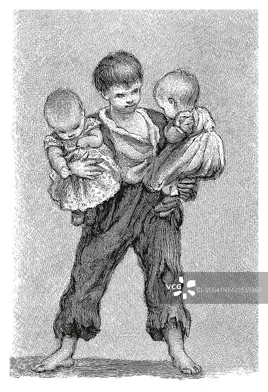 哥哥抱着双胞胎妹妹复古雕刻插图图片素材