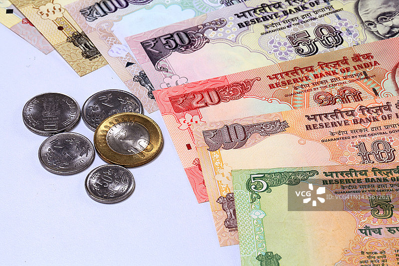 印度货币纸币和硬币特写图片素材