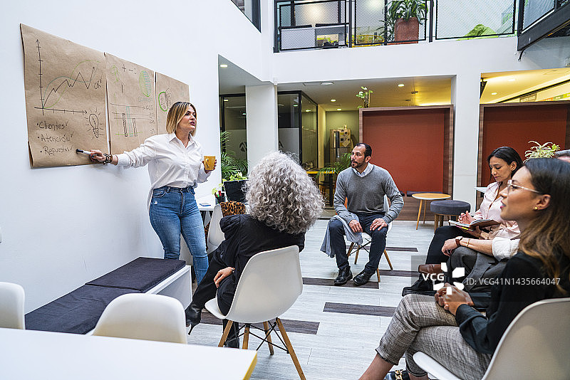 女人向同事们讲解公司上个月的财务数据图片素材