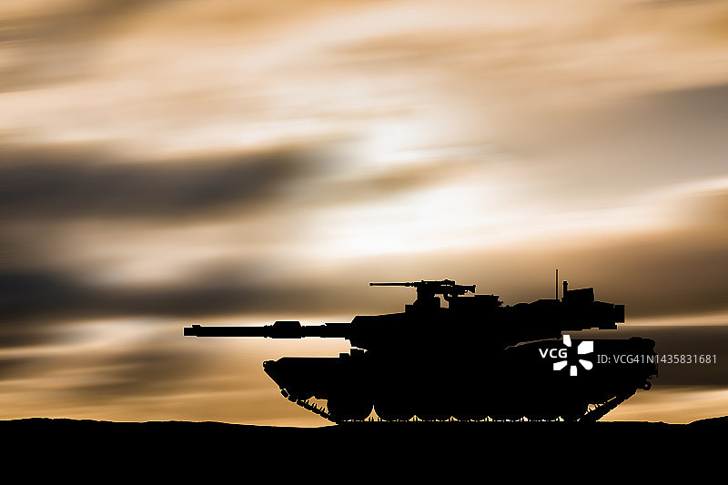 日落天空背景下的现代美式装甲坦克图片素材