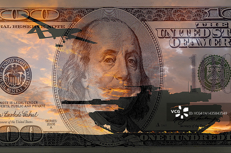 美元背景上的现代美式装甲坦克和战斗无人机图片素材