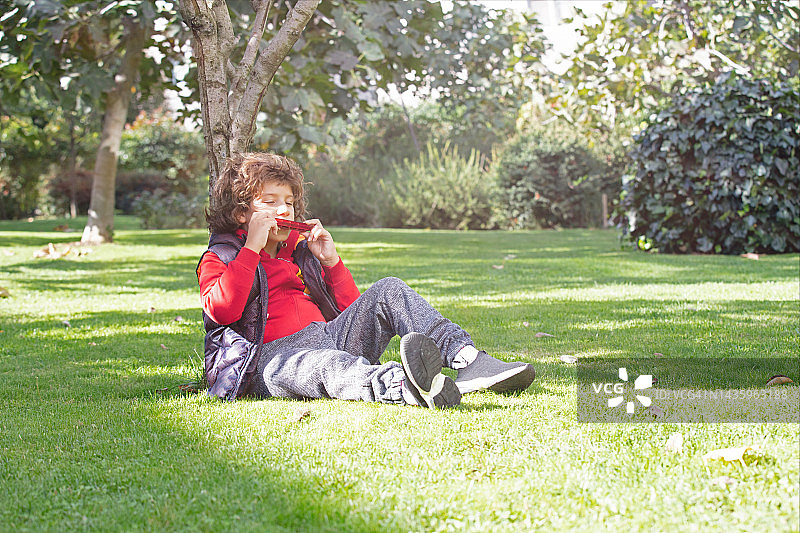 坐在草地上吹口琴的男孩图片素材