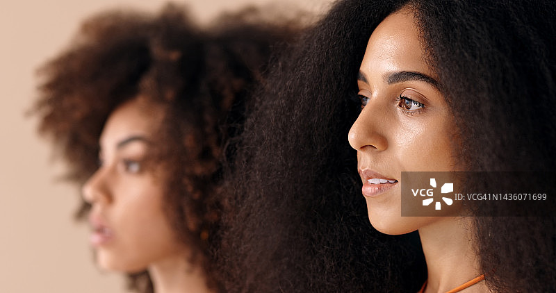 非洲裔女性在棕色背景工作室的肖像：美丽、友谊与自信图片素材