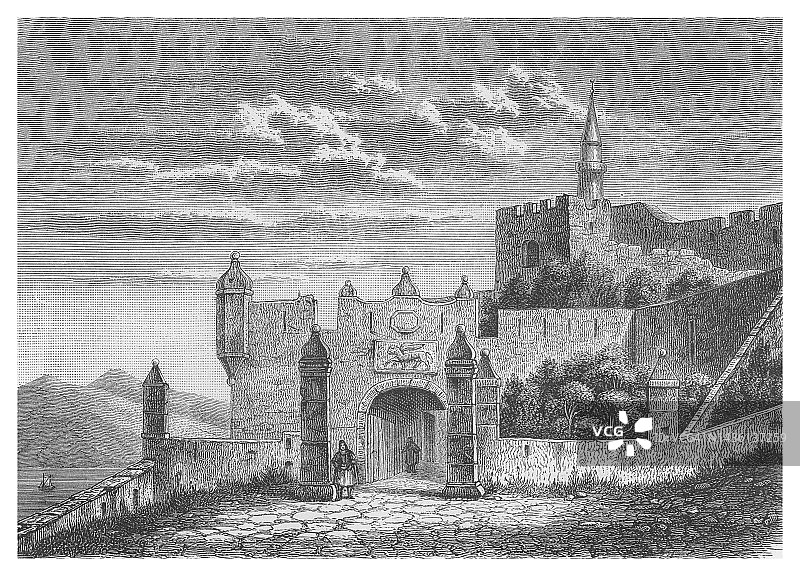 希腊伯罗奔尼撒科龙要塞的威尼斯大门古老雕刻插图图片素材