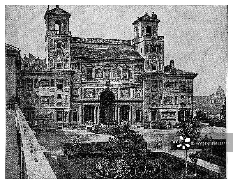 位于意大利罗马平丘山梅第奇别墅的法国学院老雕刻插图图片素材