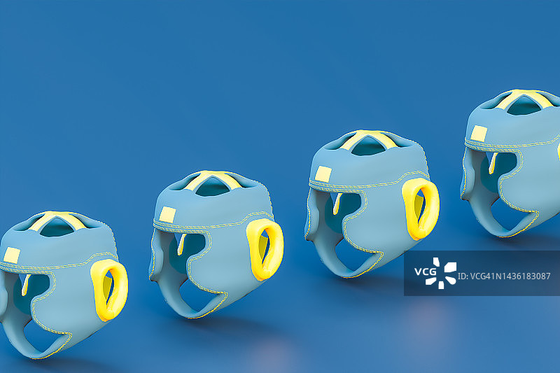 蓝色背景上蓝色和黄色拳击头盔的3D渲染，运动概念图片素材