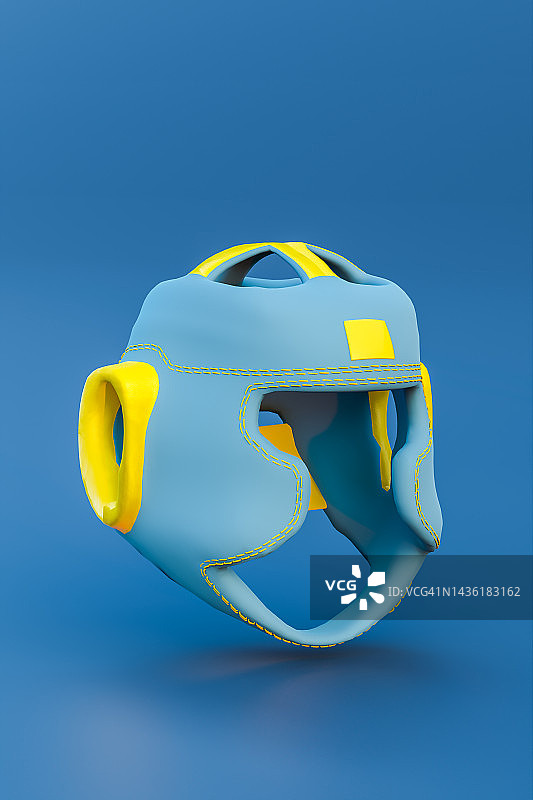 蓝色背景上蓝色和黄色拳击头盔的3D渲染，运动概念图片素材