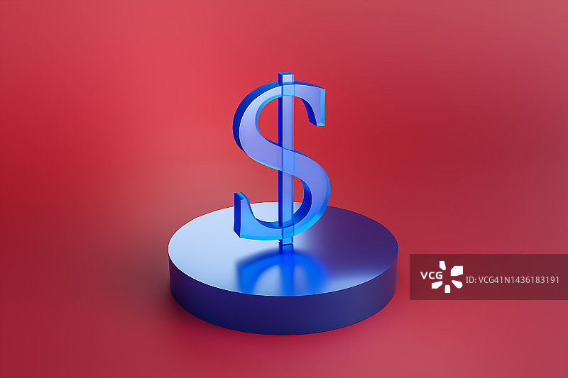 红色背景上的半透明蓝色美元符号3D渲染图片素材