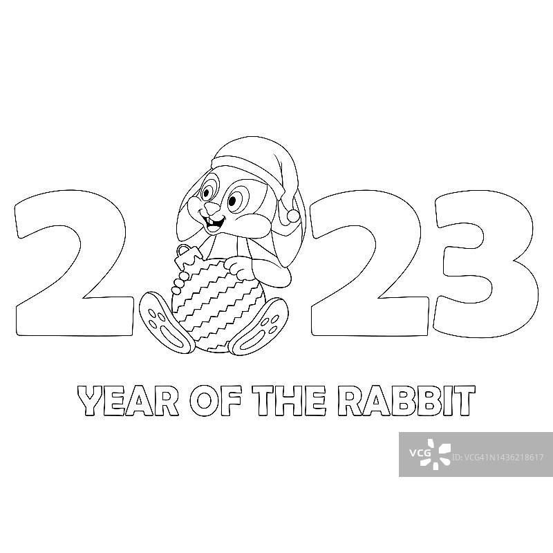 坐在2023年中的带圣诞球的无色卡通兔子。黑白填色书模板页。黑色轮廓剪影野兔作为新年象征。儿童工作表、贺卡图片素材