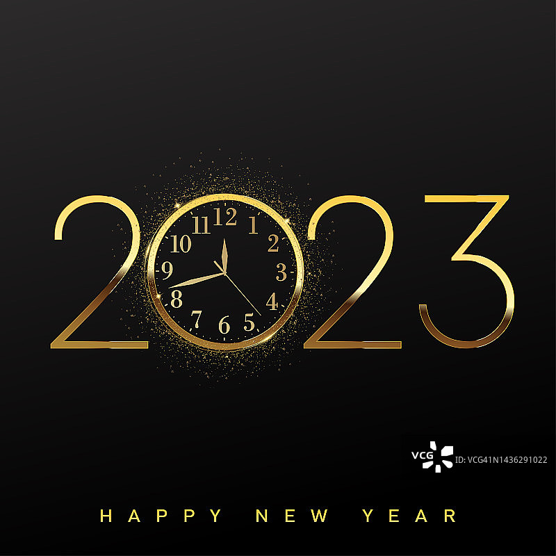 2023新年快乐和圣诞快乐贺卡与金色手表。矢量素材图片素材