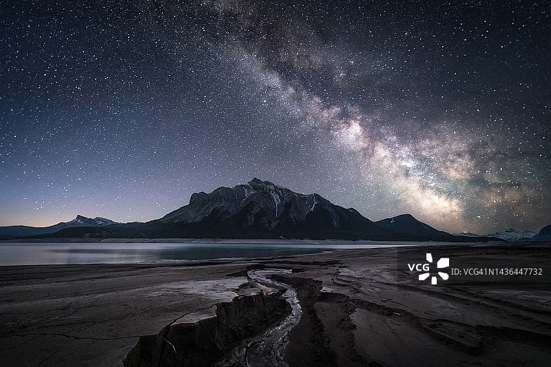 亚伯拉罕湖米切纳山之上的银河，加拿大艾伯塔省大卫·汤普森地区图片素材