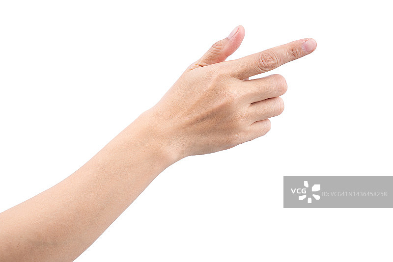 女人的手触摸或指向白色背景上的东西。特写。高分辨率。图片素材