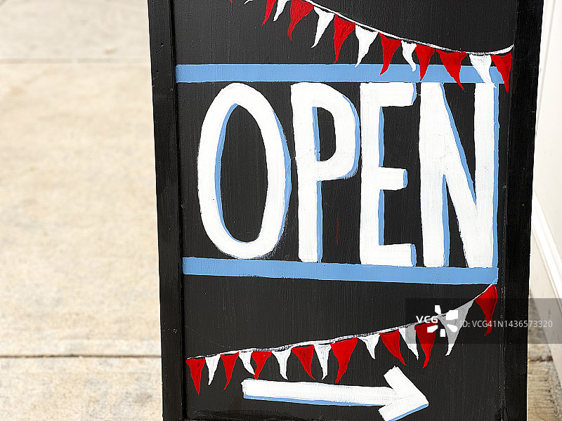 带旗帜的户外人行道黑板画架零售开放标志图片素材
