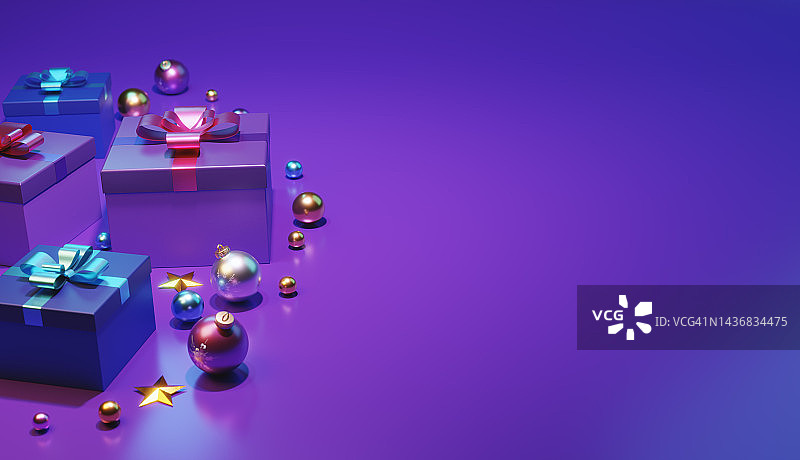 紫色背景上的圣诞礼物盒和节日装饰品图片素材