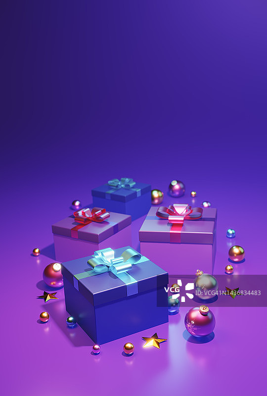 紫色背景上的圣诞礼物盒和节日装饰品图片素材