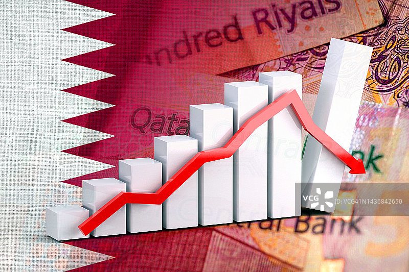 经济图表、下降箭头、卡塔尔国旗和卡塔尔里亚尔图片素材