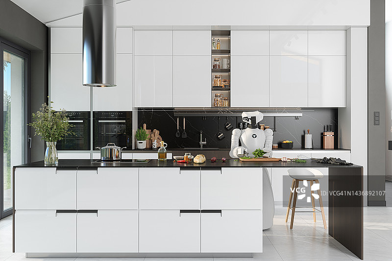 机器人厨师在厨房切罗勒，人工智能与机器人概念图片素材