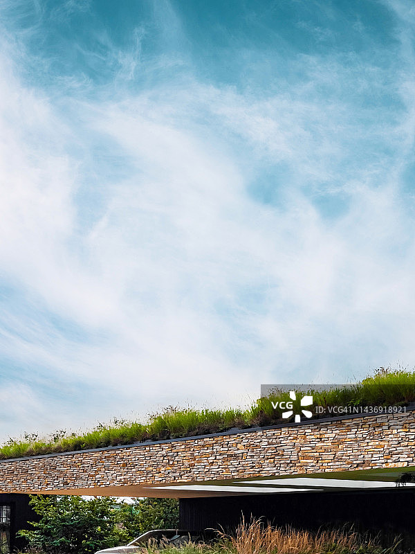带绿色屋顶和蓝色天空大面积留白空间的现代住宅设计图片素材