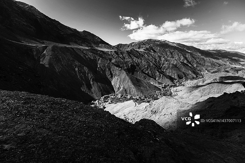 穿越摩洛哥阿特拉斯山脉Tizi-N-Tichka山口的壮观蜿蜒道路图片素材