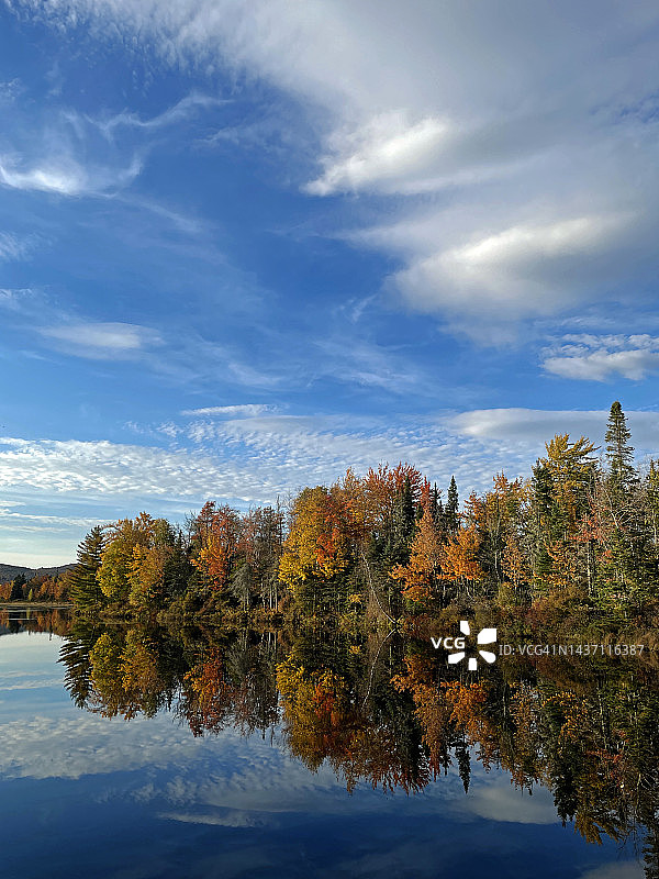 美国新罕布什尔州杜默市，蓬图克水库的安德罗斯科金河，美丽的秋树倒影图片素材