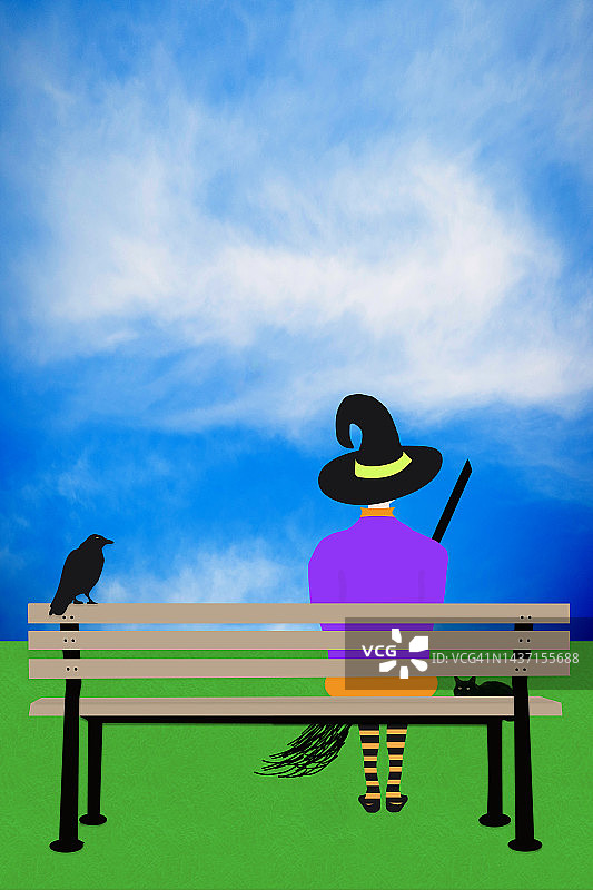 万圣节女巫与黑猫乌鸦长椅插画图片素材