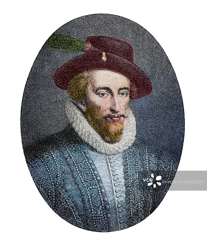 沃尔特·雷利爵士肖像：英国绅士、作家、诗人、士兵、政治家、朝臣、间谍和探险家图片素材